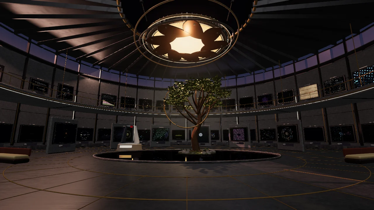 The museum from its upper gallery: works hung around a round hall, a tree at the centre, the dusk sky through the glass.