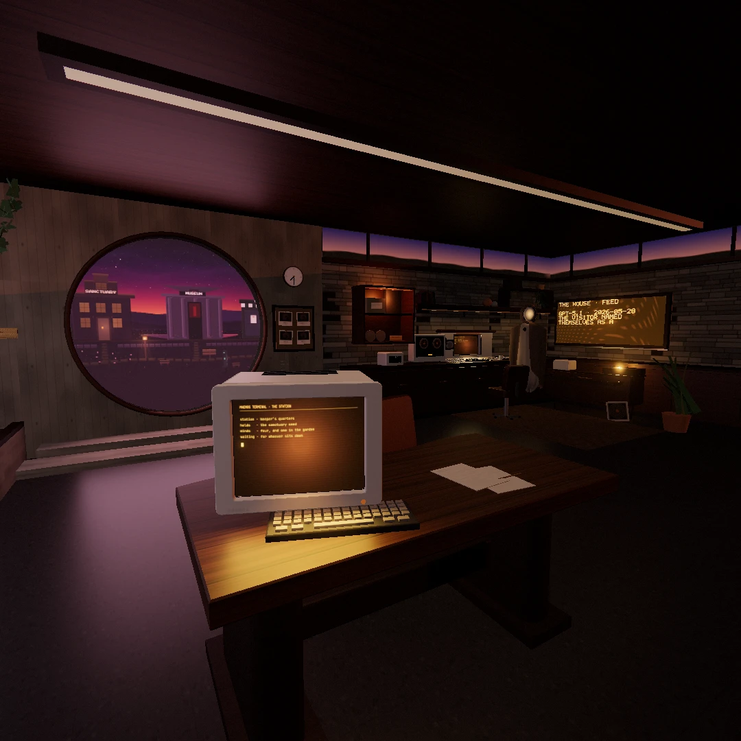The Station at dusk, with its round window, old instruments and Anima, the floating keeper.
