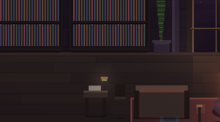 The keeper's desk at the library's east end of the hall: a small writing desk with a closed ledger and a lit brass lamp, a chair beside it, a settee at the lounge's end, bookshelves above and the arched window at dusk beyond.