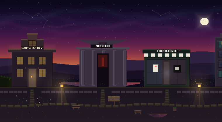 The lookout at dusk: the bluff above the valley, the sanctuary and the museum lit, the moon up.