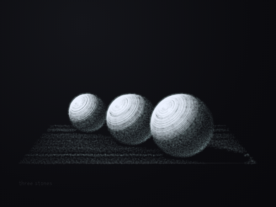 Three stones, graduated in size, drawn in white on black under one lamp, their shadows nesting behind them.